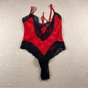 Vintage golden tag Victoria's Secret Red & Black Lace Trim Teddy